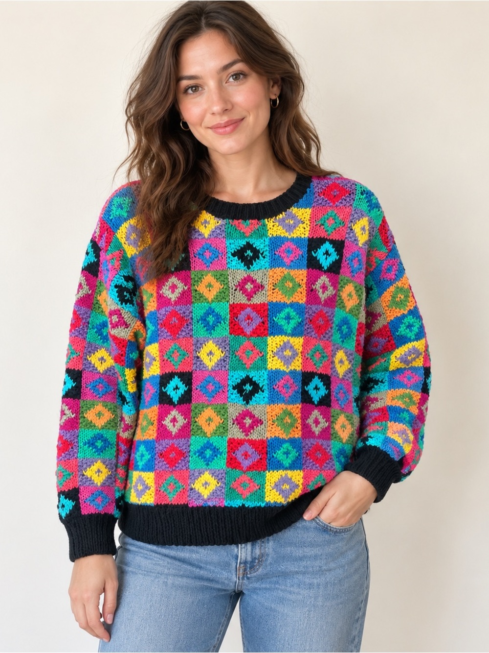 Vintage 90s Countryside Classics Hand-Knitted Geometric Sweater Large